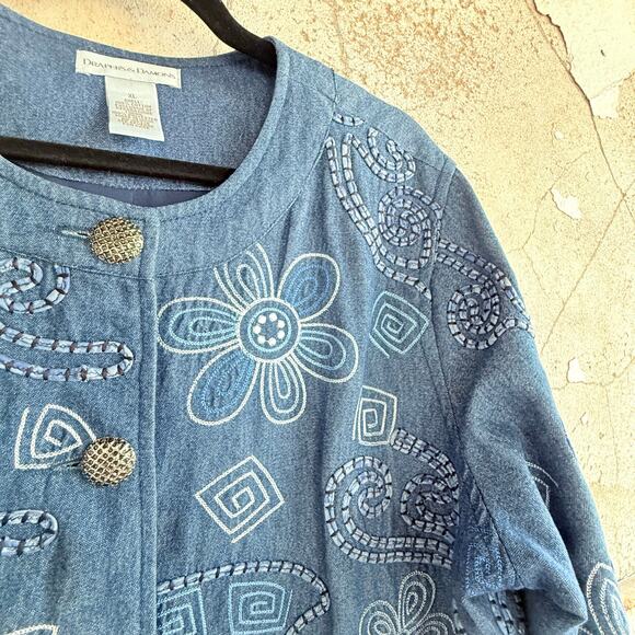 Vintage Embroidered Denim Jacket Boho Western Floral Women’s XL Drapers & Damons - Picture 2 of 8